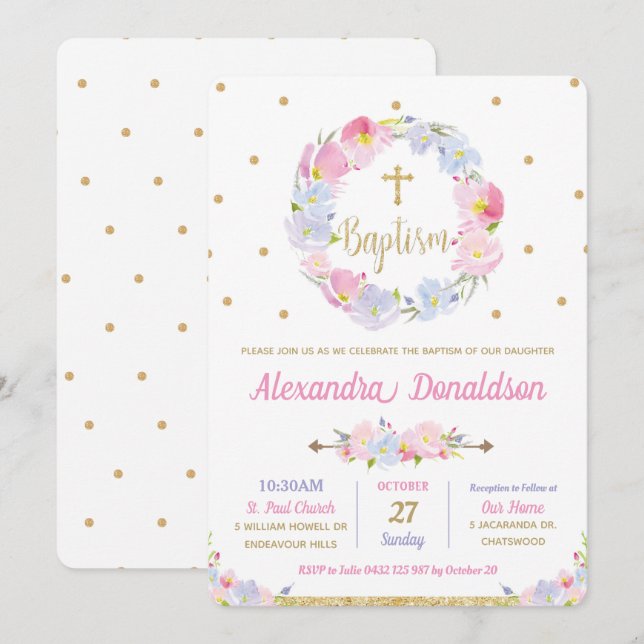 Pink Floral Wild Flowers Baptism Invitations Girl (Front/Back)