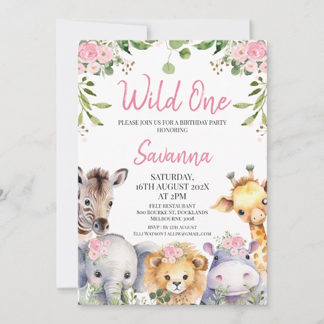 Pink Floral  Wild One Safari Animals 1st Birthday Invitation (Front)