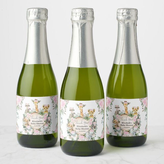 Pink Floral Wild Safari Baby Animals Jungle Baby Sparkling Wine Label (Bottles)