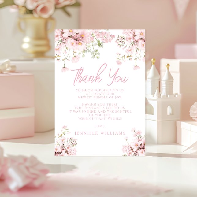 Pink Floral Wildflower Baby Girl Shower  Thank You Card (Creator Uploaded)