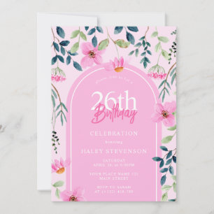 Pink Floral Wildflower Girly Elegant 26th Birthday Invitation