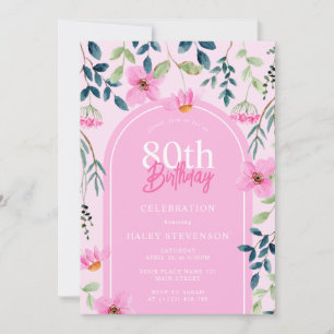 Pink Floral Wildflower Girly Elegant 80th Birthday Invitation