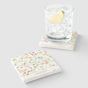 Pink Floral Wildflower Name Stone Coaster