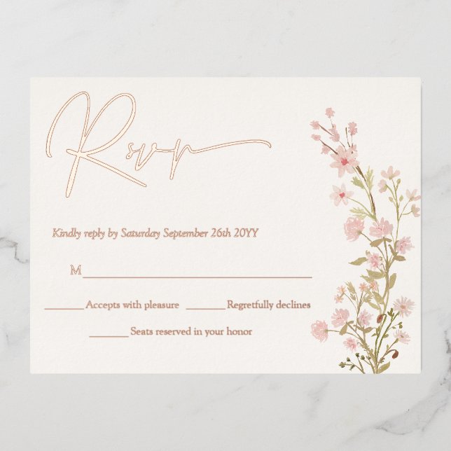 Pink Floral Wildflowers Garden RSVP Real Rose Gold Foil Invitation Postcard (Front)
