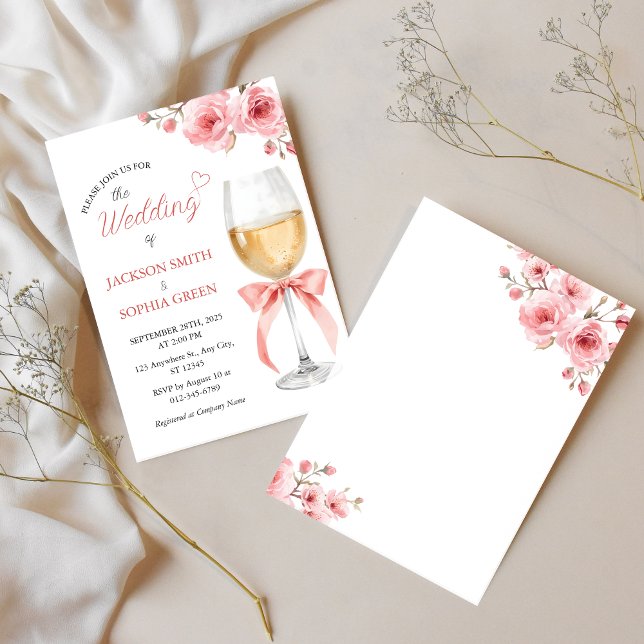 Pink Floral Wine Glass Watercolor Wedding Invitation (Creator Uploaded)
