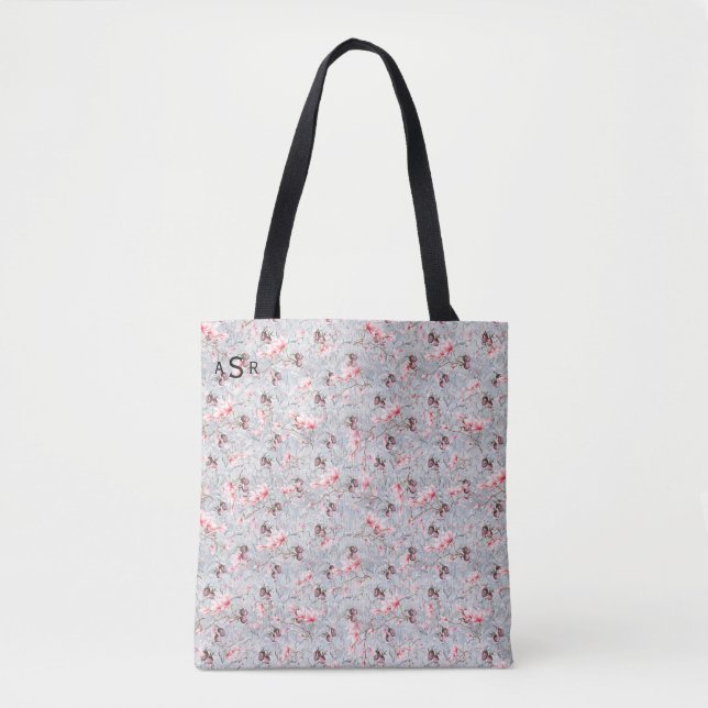 Pink Floral & Winter Berries Monogram Tote Bag (Front)