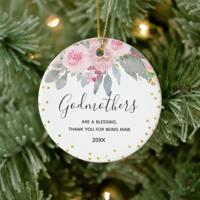 Pink Floral Winter Godmothers Gold Ceramic Tree Decoration (Tree)