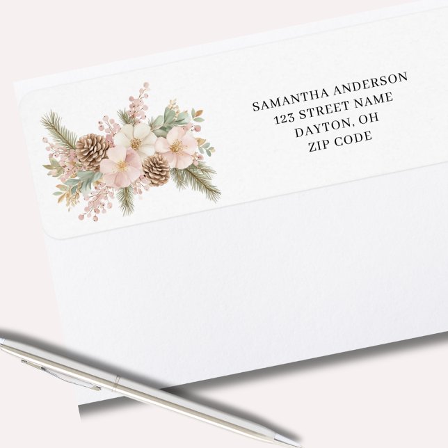 Pink Floral Winter Pine Return Address  (Creator Uploaded)