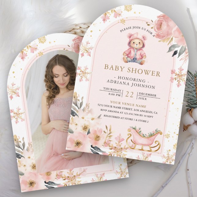Pink Floral Winter Teddy Bear Photo Baby Shower Invitation (Creator Uploaded)