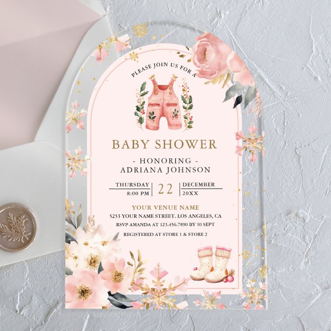 Pink Floral Winter Wonderland Arch Baby Shower Acrylic Invitations (Creator Uploaded)