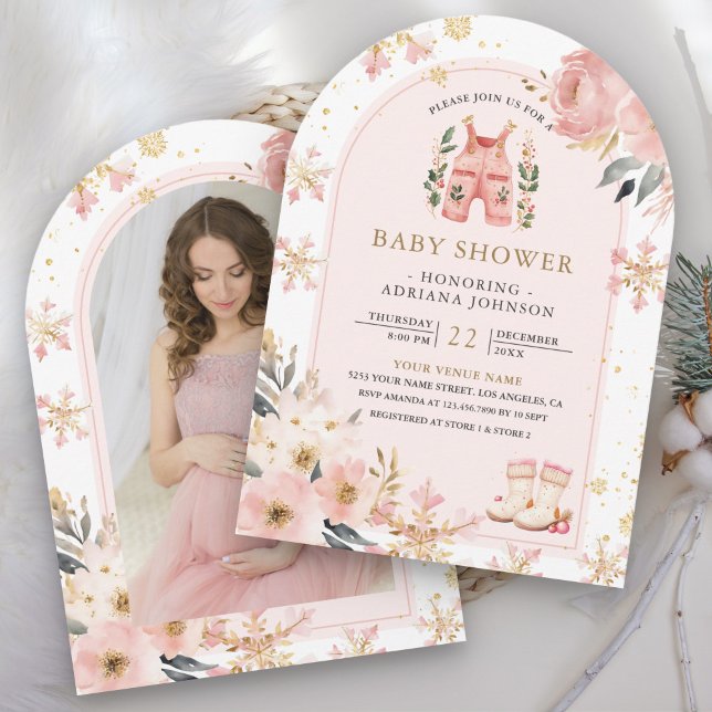 Pink Floral Winter Wonderland Photo Baby Shower Invitation (Creator Uploaded)