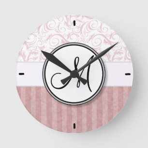 Pink Floral Wisps & Stripes with Monogram Round Clock