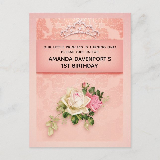 Pink floral with Diamond Tiara Princess Birthday Invitation Postcard (Front)