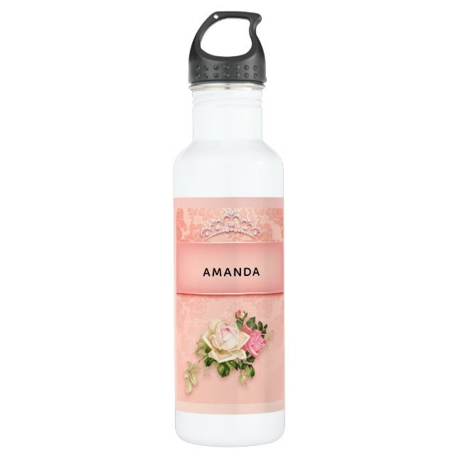 Pink floral with Diamond Tiara Princess Design 710 Ml Water Bottle (Front)