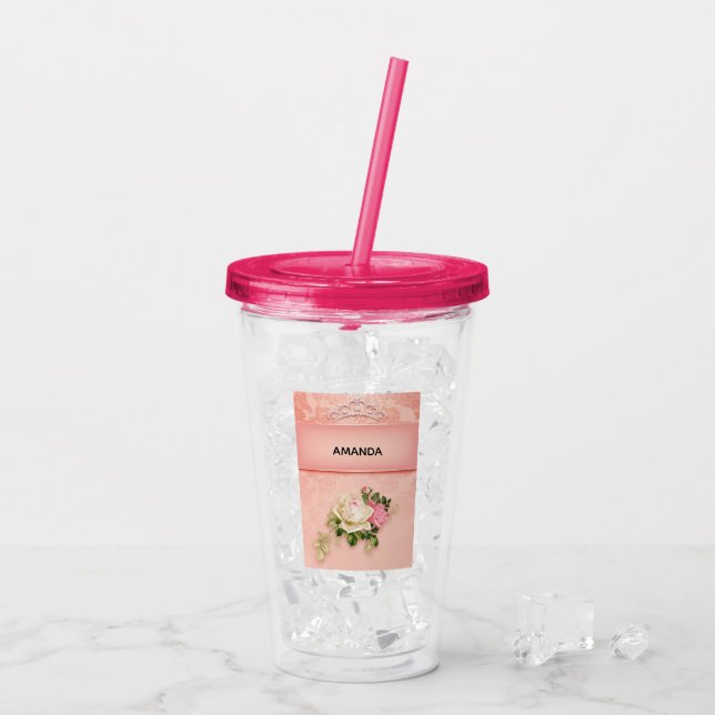 Pink floral with Diamond Tiara Princess Design Acrylic Tumbler (Back Ice)