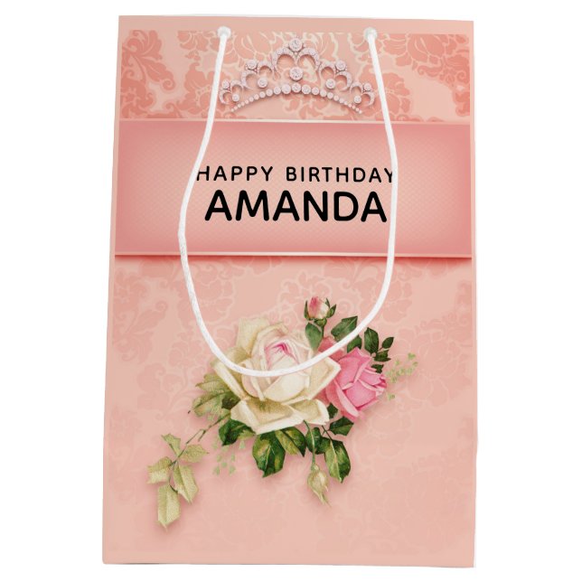 Pink floral with Diamond Tiara Princess Design Medium Gift Bag (Back)
