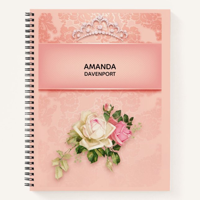 Pink floral with Diamond Tiara Princess Design Notebook (Front)