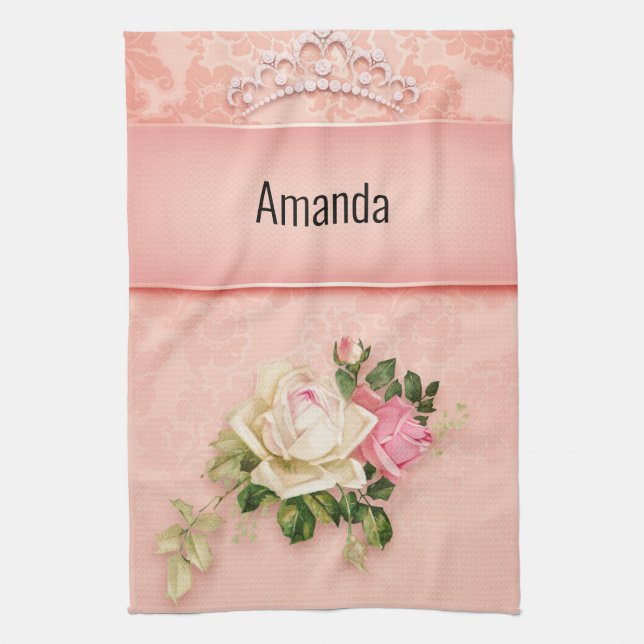 Pink floral with Diamond Tiara Princess Design Tea Towel (Vertical)