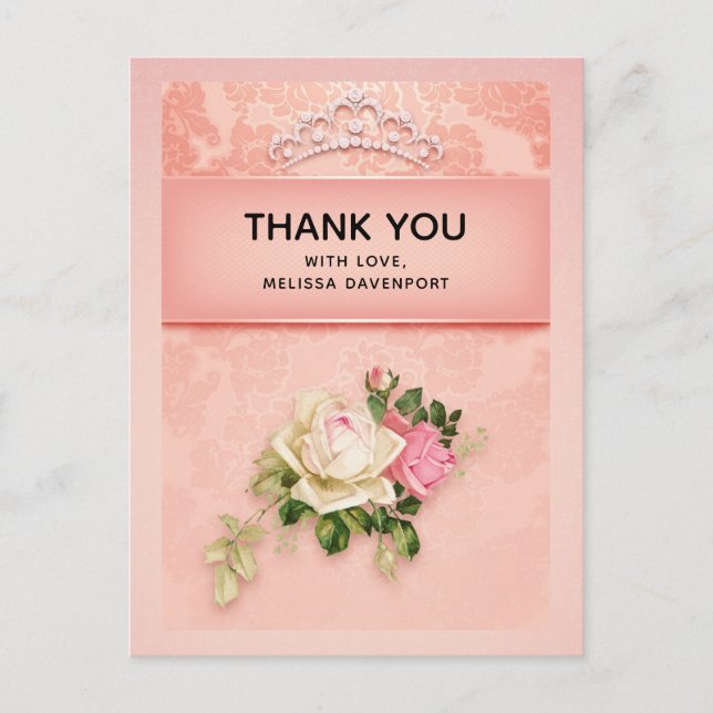 Pink floral with Diamond Tiara Princess Thank You Postcard (Front)