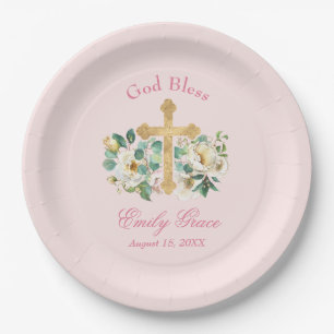 Pink Floral with Gold Cross Baptism Paper Plate