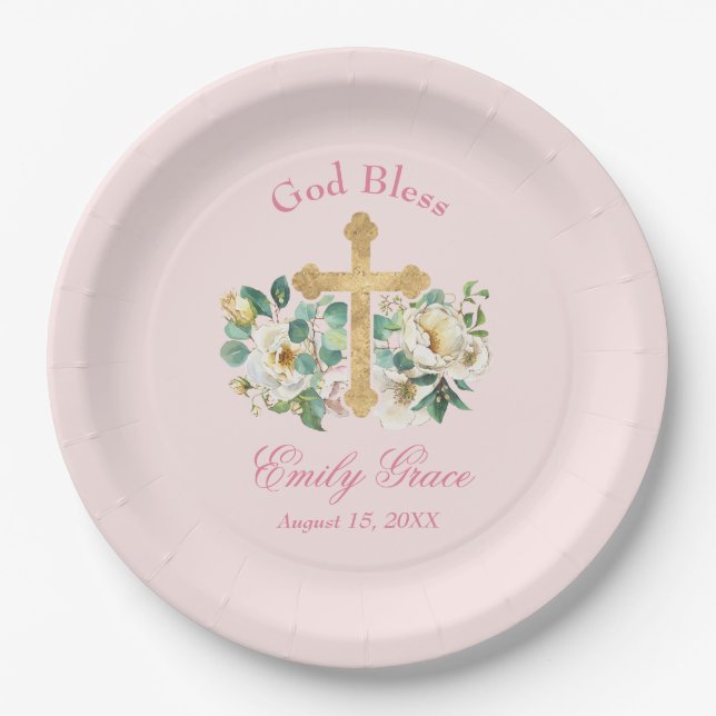 Pink Floral with Gold Cross Baptism Paper Plate (Front)