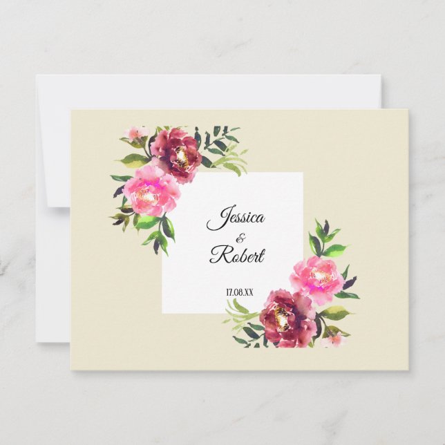 pink floral with leaf simple rustic modern wedding card (Front)