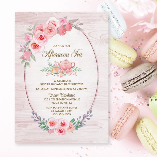 Pink Floral Wood Afternoon Tea Baby Shower Invitation (Creator Uploaded)