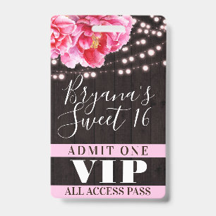 Pink Floral Wood String Lights Sweet 16 VIP Pass ID Badge