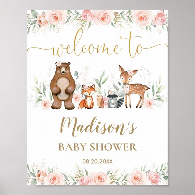 Pink Floral Woodland Animal Baby Shower Welcome  Poster (Front)