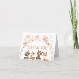 Pink Floral Woodland Animals Baby Shower Thank You Card