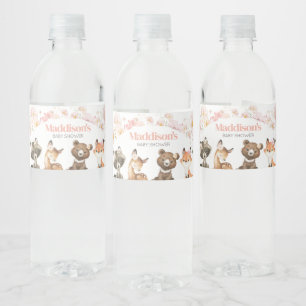 Pink Floral Woodland Animals Baby Shower Water Bottle Label