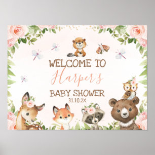 Pink Floral Woodland Animals Baby Shower Welcome Poster