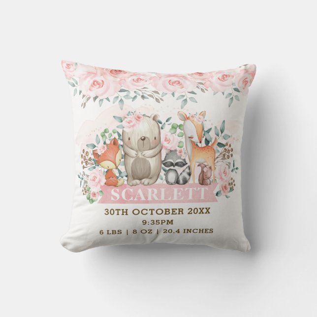 Pink Floral Woodland Animals Birth Stats Nursery Cushion (Front)