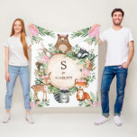Pink Floral Woodland Animals Custom Monogram Name Fleece Blanket<br><div class="desc">This unique design features a group of adorable forest animals,  pretty pink flowers and lush watercolor greenery. Personalize the blanket with your child's initial and name by clicking the "personalize" button.</div>
