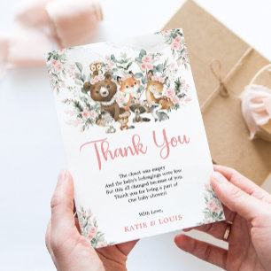 Pink Floral Woodland Animals Greenery Baby Shower Thank You Card