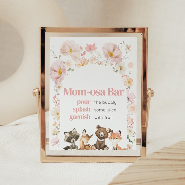 Pink Floral Woodland Animals Mum-Osa Bar Poster (Pink Flower Woodland Animals Baby Shower Mom Osa Bar Sign)