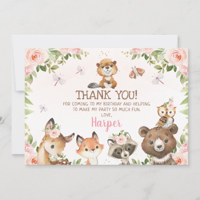Pink Floral Woodland Animals Thank You Card (Front)