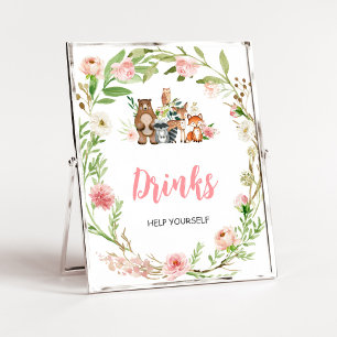 Pink Floral Woodland Baby Shower Drinks Sign