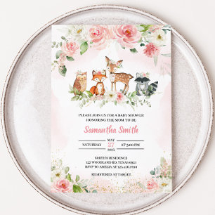 Pink Floral Woodland Baby Shower Invitation