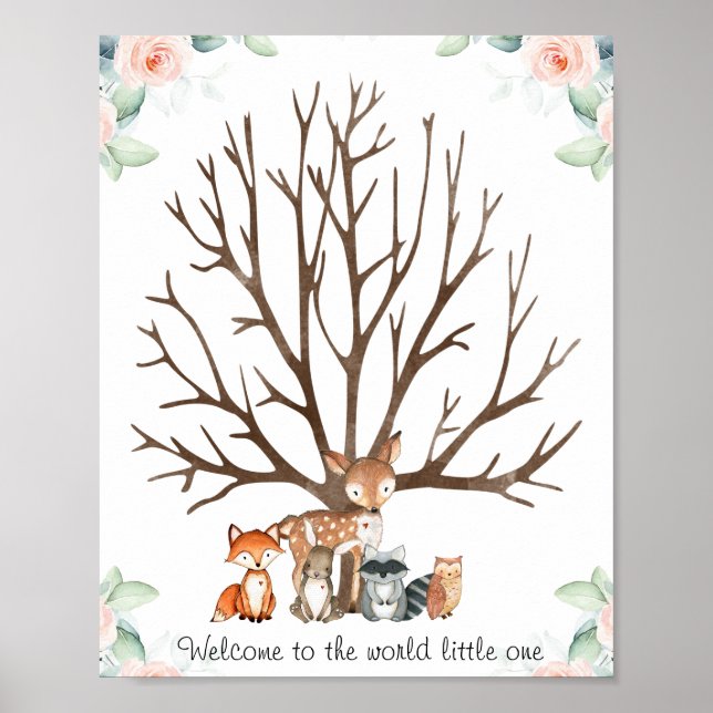 Pink Floral Woodland Fingerprint Guestbook Poster (Front)