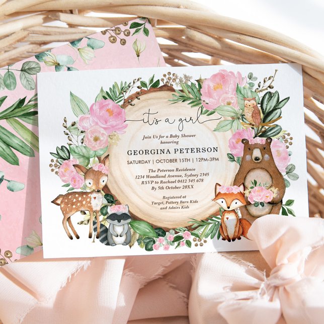 Pink Floral Woodland Forest Animals Baby Girl Invitation (Creator Uploaded)