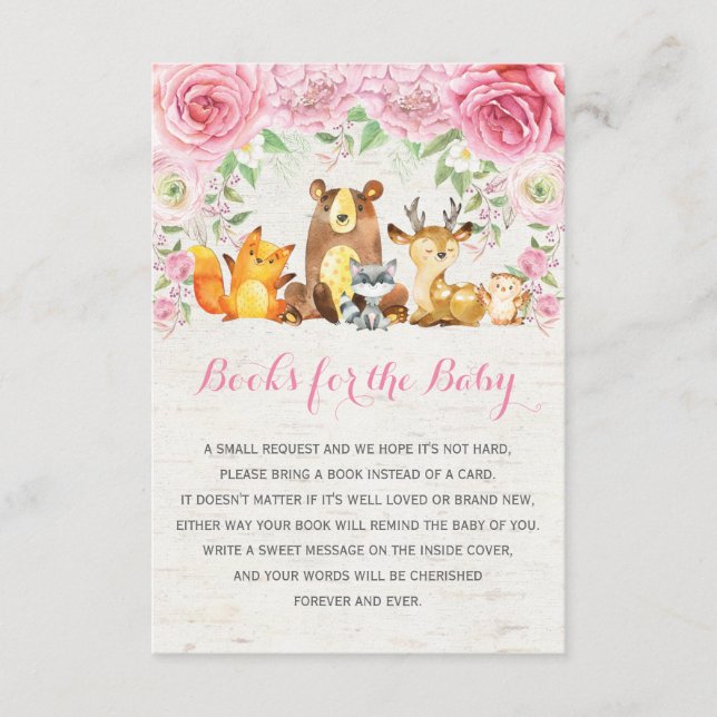 Pink Floral Woodland Forest Animals Book Request Enclosure Card (Front)