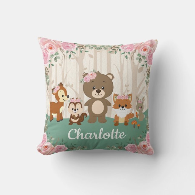 Pink Floral Woodland Forest Animals Nursery Cushion (Front)