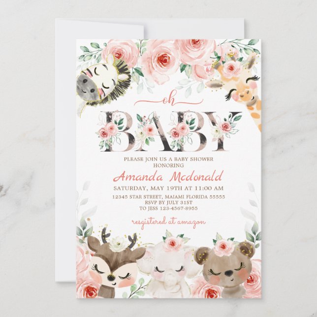 Pink Floral Woodland Girl Baby Shower Invitation (Front)