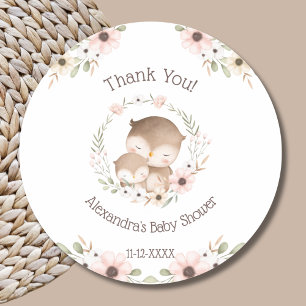 Pink Floral Woodland Owl Baby Shower Thank You Classic Round Sticker