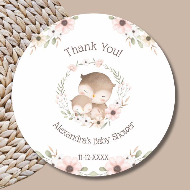 Pink Floral Woodland Owl Baby Shower Thank You Classic Round Sticker (Creator Uploaded)
