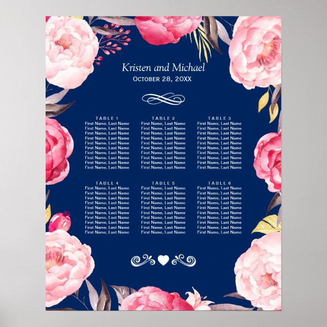 Pink Floral Wreath 6 Tables Wedding Seating Chart (Front)