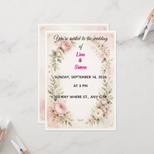 Pink Floral Wreath and Gold Wedding Invitation