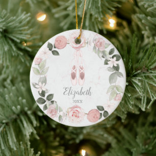 Pink Floral Wreath Ballet Slippers Personalized Ceramic Tree Decoration