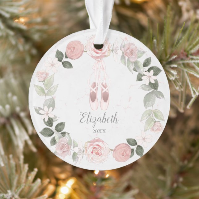 Pink Floral Wreath Ballet Slippers Personalized Ornament (Tree)